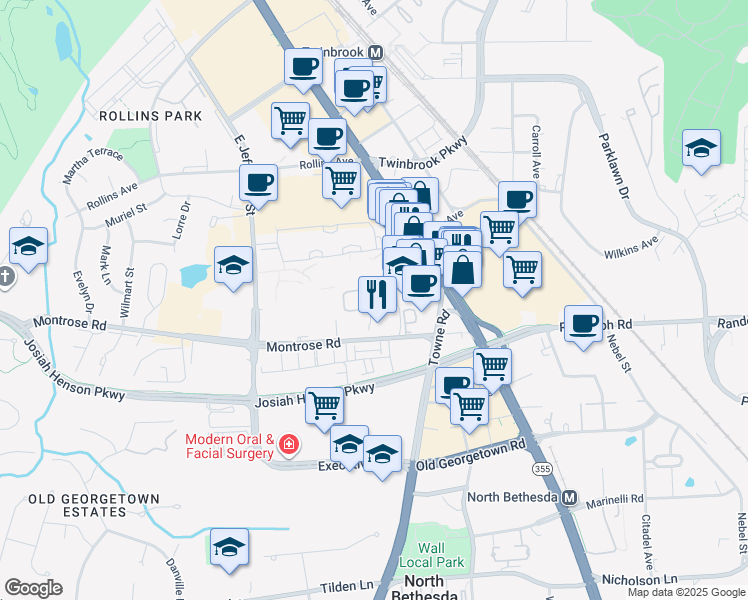 map of restaurants, bars, coffee shops, grocery stores, and more near 12000 Chase Crossing Circle in North Bethesda