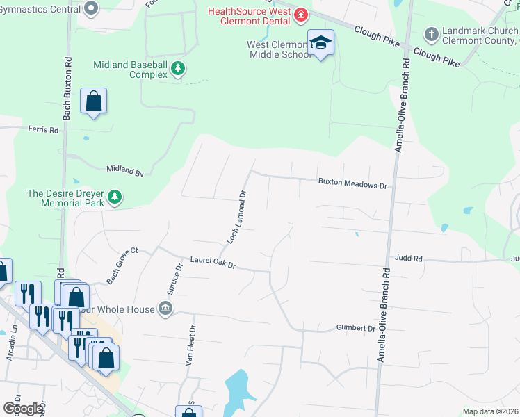 map of restaurants, bars, coffee shops, grocery stores, and more near 3883 Magnolia Drive in Amelia