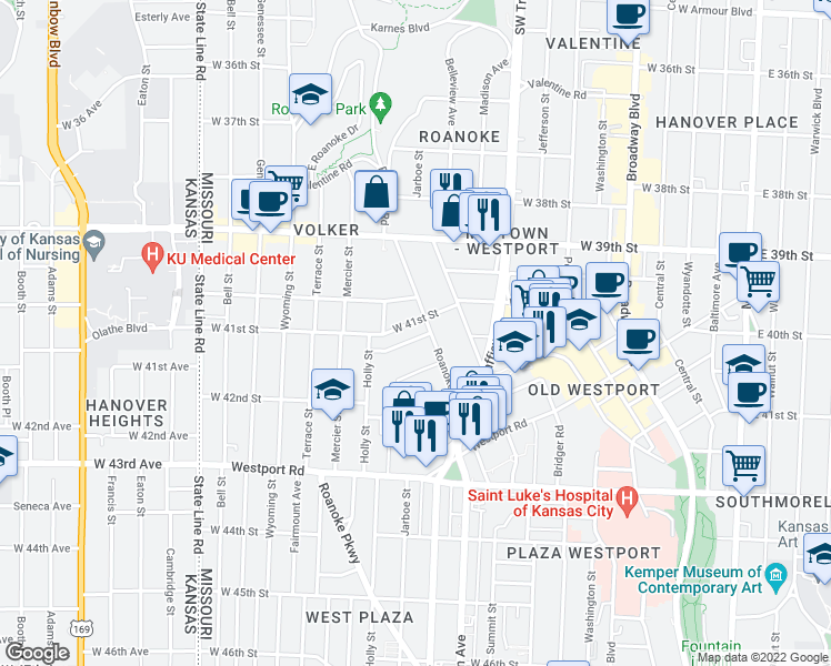 map of restaurants, bars, coffee shops, grocery stores, and more near 1108 West 41st Terrace in Kansas City