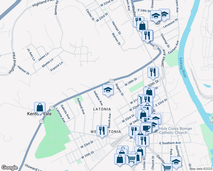 map of restaurants, bars, coffee shops, grocery stores, and more near 2711 Birch Avenue in Covington