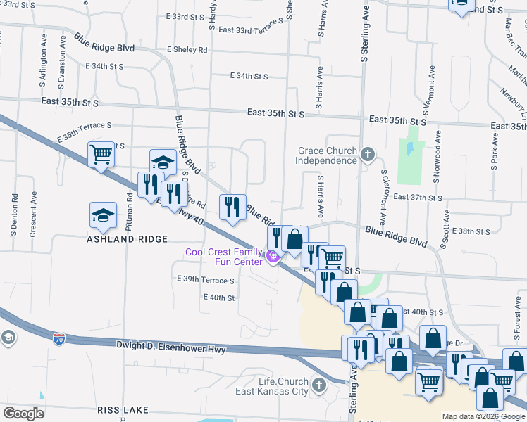 map of restaurants, bars, coffee shops, grocery stores, and more near 3716 Blue Ridge Boulevard in Independence
