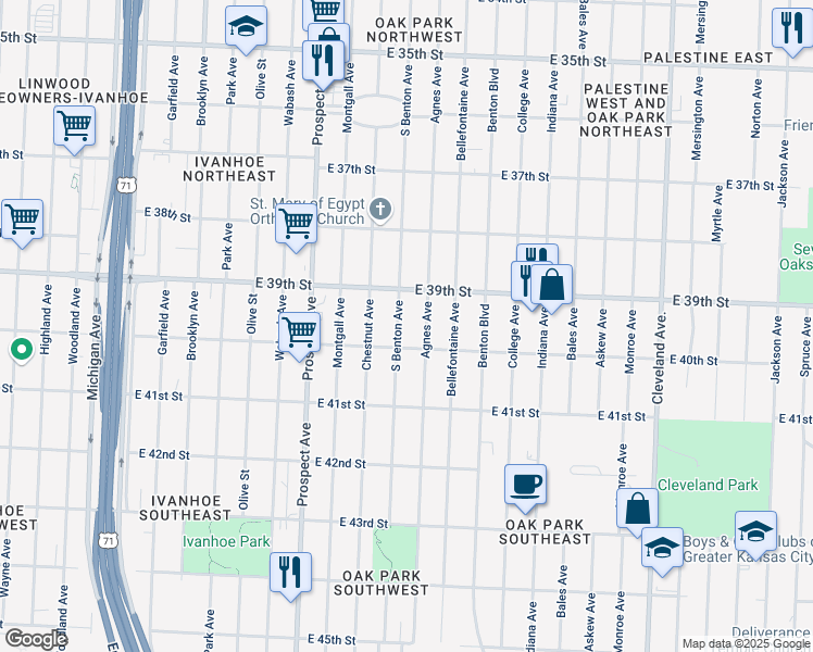 map of restaurants, bars, coffee shops, grocery stores, and more near 3936 Agnes Avenue in Kansas City