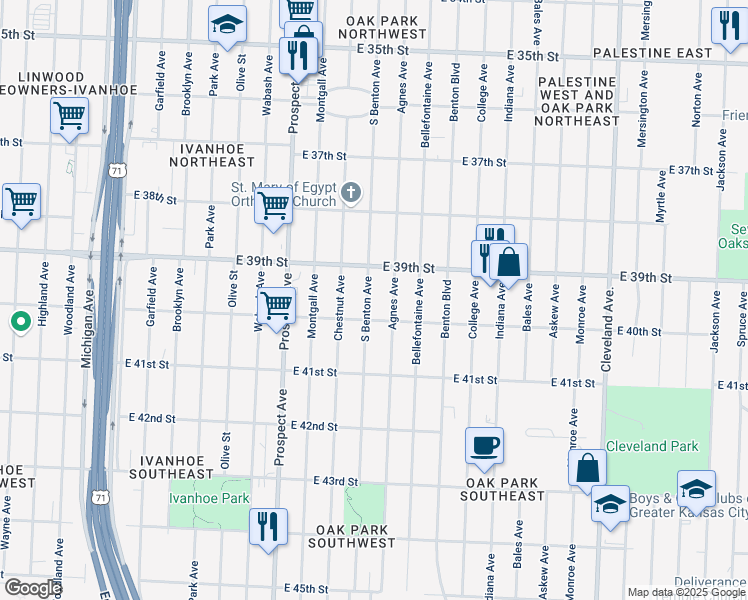 map of restaurants, bars, coffee shops, grocery stores, and more near 3936 Agnes Avenue in Kansas City