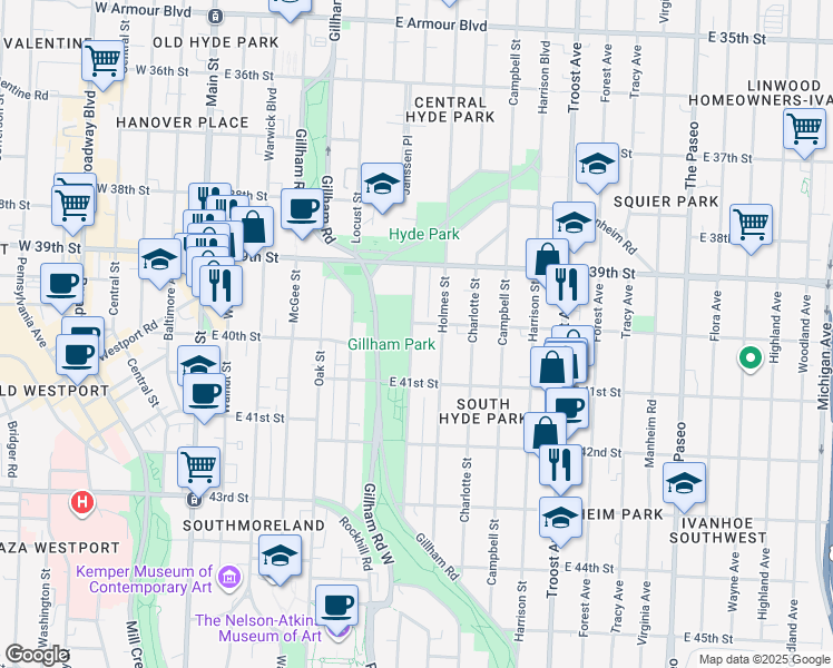 map of restaurants, bars, coffee shops, grocery stores, and more near 4007 Kenwood Avenue in Kansas City