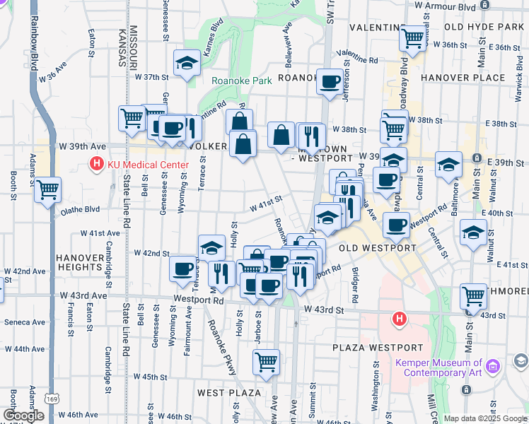 map of restaurants, bars, coffee shops, grocery stores, and more near 1110 West 41st Terrace in Kansas City
