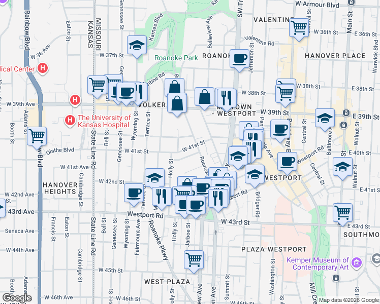 map of restaurants, bars, coffee shops, grocery stores, and more near 1110 West 41st Terrace in Kansas City