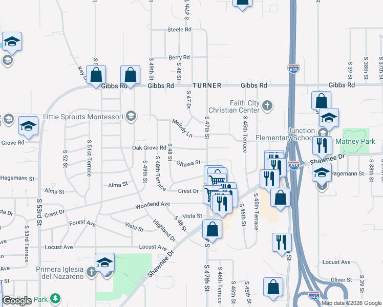 map of restaurants, bars, coffee shops, grocery stores, and more near 4718 Ottawa Street in Kansas City