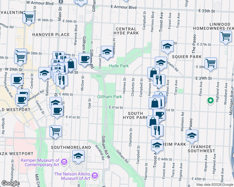 map of restaurants, bars, coffee shops, grocery stores, and more near 4005 Kenwood Avenue in Kansas City