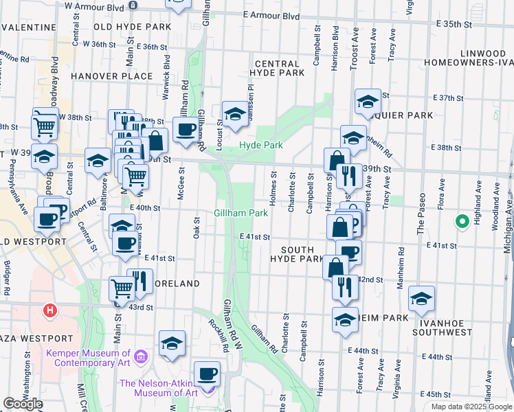 map of restaurants, bars, coffee shops, grocery stores, and more near 4005 Kenwood Avenue in Kansas City