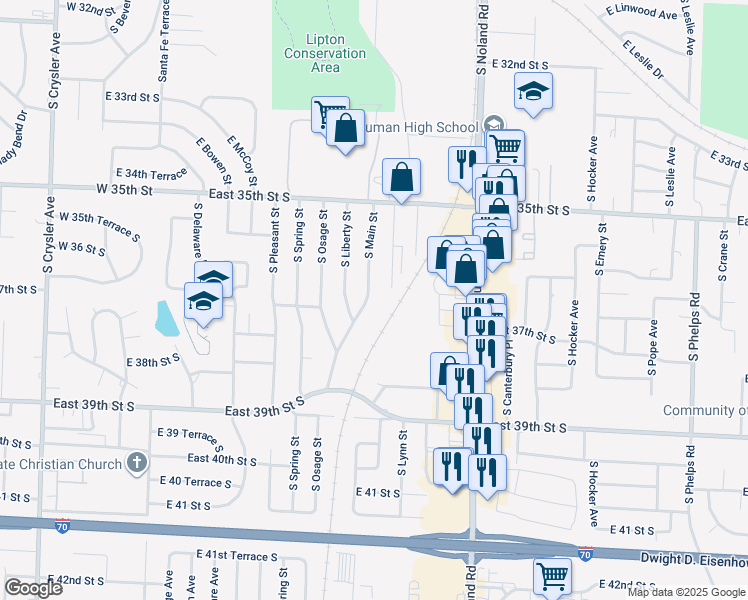 map of restaurants, bars, coffee shops, grocery stores, and more near 3615 South Main Street in Independence