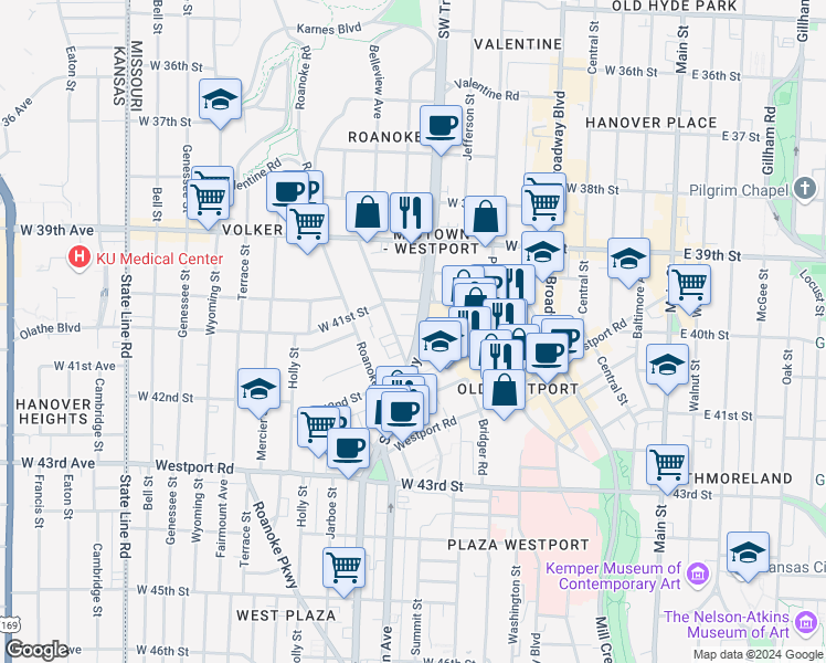map of restaurants, bars, coffee shops, grocery stores, and more near 900 West 40th Terrace in Kansas City