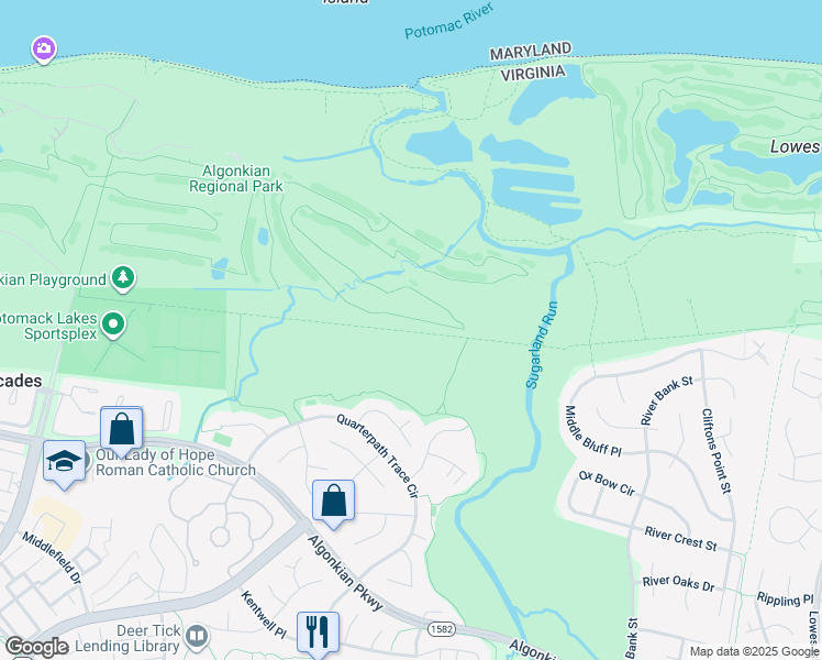 map of restaurants, bars, coffee shops, grocery stores, and more near 20242 Cascades Parkway in Sterling