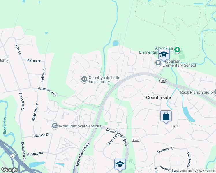 map of restaurants, bars, coffee shops, grocery stores, and more near 40 Ferguson Court in Sterling
