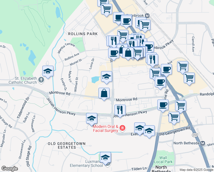 map of restaurants, bars, coffee shops, grocery stores, and more near 1901 East Jefferson Street in North Bethesda