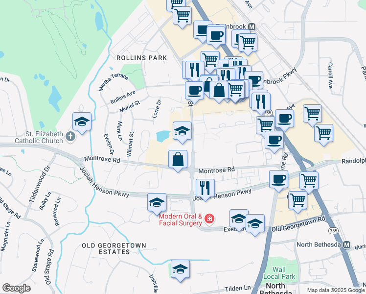 map of restaurants, bars, coffee shops, grocery stores, and more near 1901 East Jefferson Street in North Bethesda