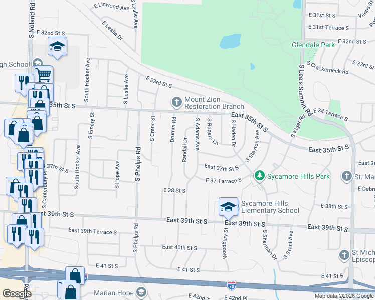 map of restaurants, bars, coffee shops, grocery stores, and more near 3606 South Adams Avenue in Independence
