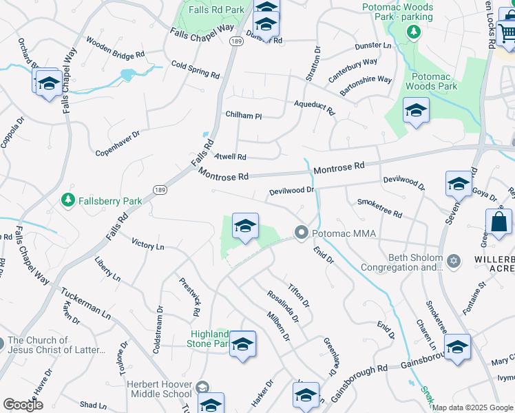 map of restaurants, bars, coffee shops, grocery stores, and more near 8602 Wild Olive Drive in Rockville