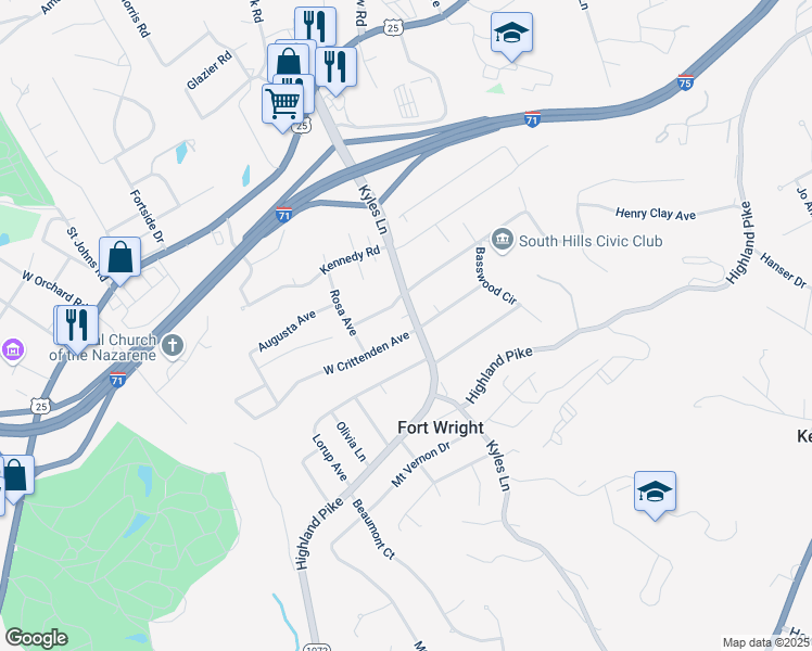 map of restaurants, bars, coffee shops, grocery stores, and more near 7 West Crittenden Avenue in Covington