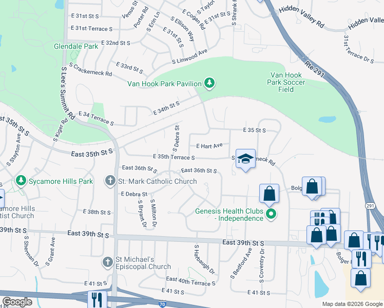 map of restaurants, bars, coffee shops, grocery stores, and more near 16821 East 35th Terrace South in Independence