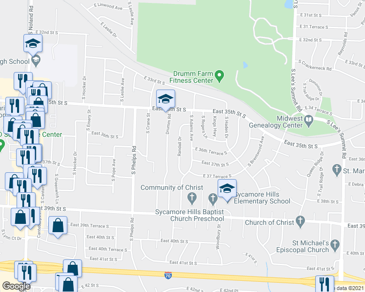map of restaurants, bars, coffee shops, grocery stores, and more near 3606 South Adams Avenue in Independence