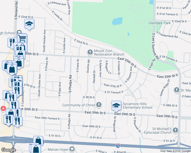 map of restaurants, bars, coffee shops, grocery stores, and more near 3606 South Adams Avenue in Independence