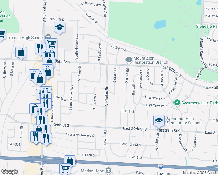 map of restaurants, bars, coffee shops, grocery stores, and more near 14808 East 37th Street South in Independence