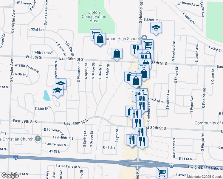 map of restaurants, bars, coffee shops, grocery stores, and more near 3615 South Main Street in Independence