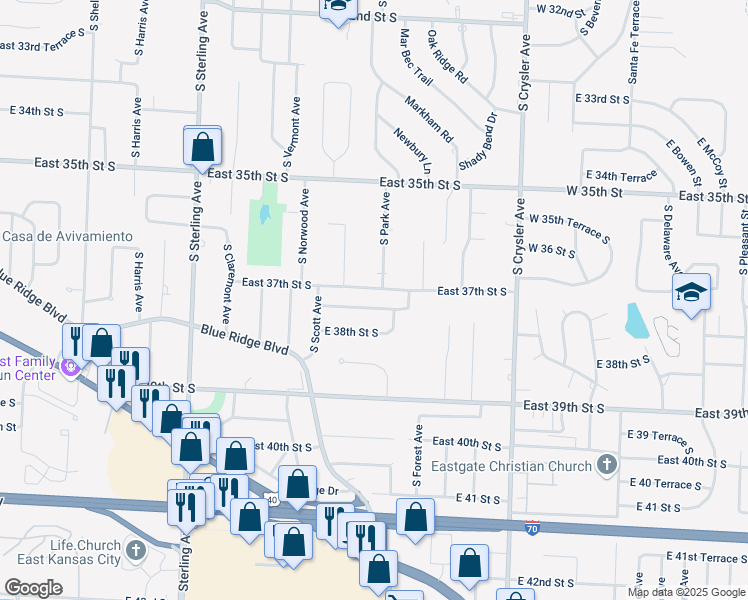 map of restaurants, bars, coffee shops, grocery stores, and more near 11601 East 37th Terrace South in Independence