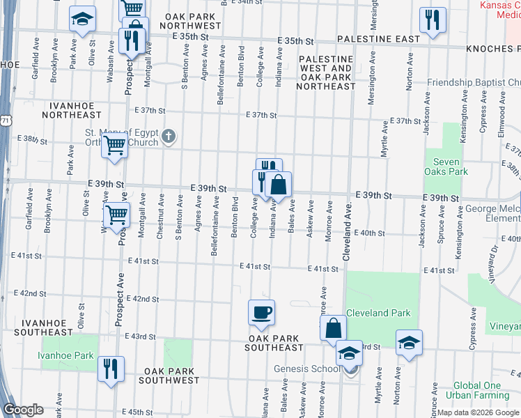 map of restaurants, bars, coffee shops, grocery stores, and more near 3932 Indiana Avenue in Kansas City