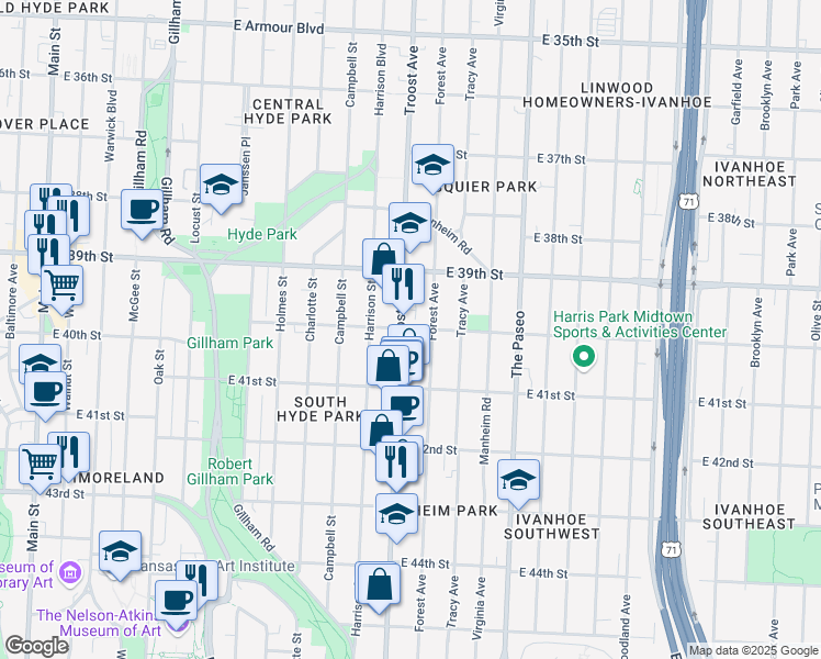 map of restaurants, bars, coffee shops, grocery stores, and more near 4001 Troost Avenue in Kansas City