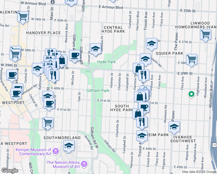 map of restaurants, bars, coffee shops, grocery stores, and more near 4007 Kenwood Avenue in Kansas City