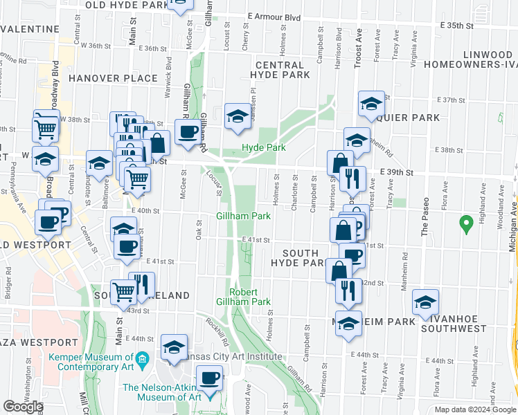 map of restaurants, bars, coffee shops, grocery stores, and more near 4007 Kenwood Avenue in Kansas City