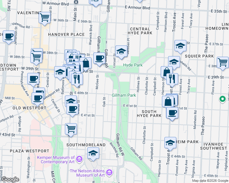 map of restaurants, bars, coffee shops, grocery stores, and more near 4015 Locust Street in Kansas City