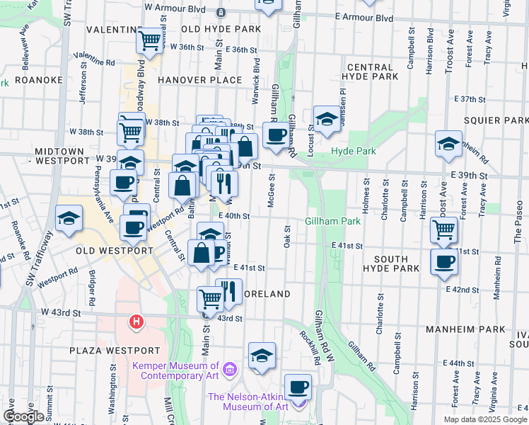 map of restaurants, bars, coffee shops, grocery stores, and more near 4001 McGee Street in Kansas City