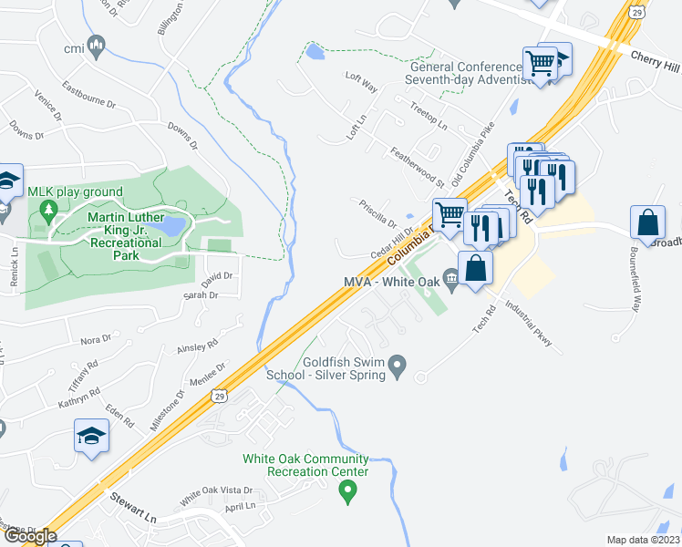 map of restaurants, bars, coffee shops, grocery stores, and more near 12217 Cedar Hill Drive in Silver Spring