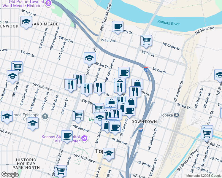 map of restaurants, bars, coffee shops, grocery stores, and more near 204 Southwest 5th Street in Topeka