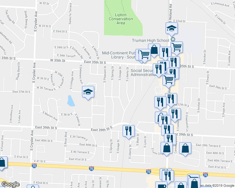 map of restaurants, bars, coffee shops, grocery stores, and more near 3612 South Osage Street in Independence