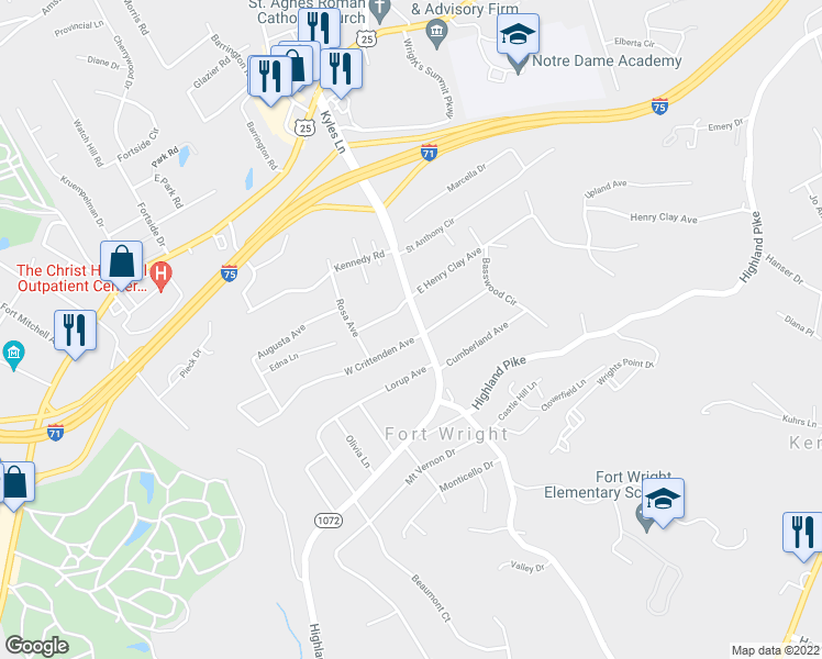 map of restaurants, bars, coffee shops, grocery stores, and more near 7 West Crittenden Avenue in Covington