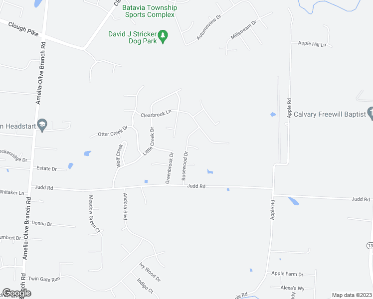 map of restaurants, bars, coffee shops, grocery stores, and more near 3867 Rosewood Drive in Amelia