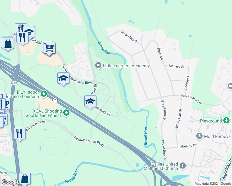 map of restaurants, bars, coffee shops, grocery stores, and more near 20280 River Ridge Terrace in Ashburn