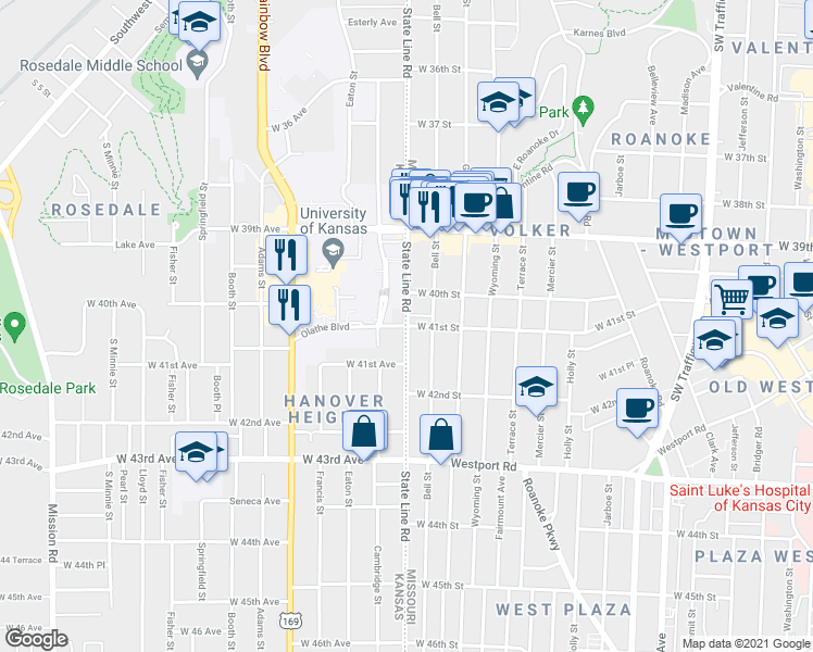 map of restaurants, bars, coffee shops, grocery stores, and more near State Line Rd & Olathe Blvd in Kansas City