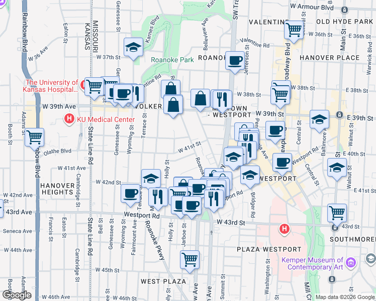 map of restaurants, bars, coffee shops, grocery stores, and more near 1109 West 41st Street in Kansas City