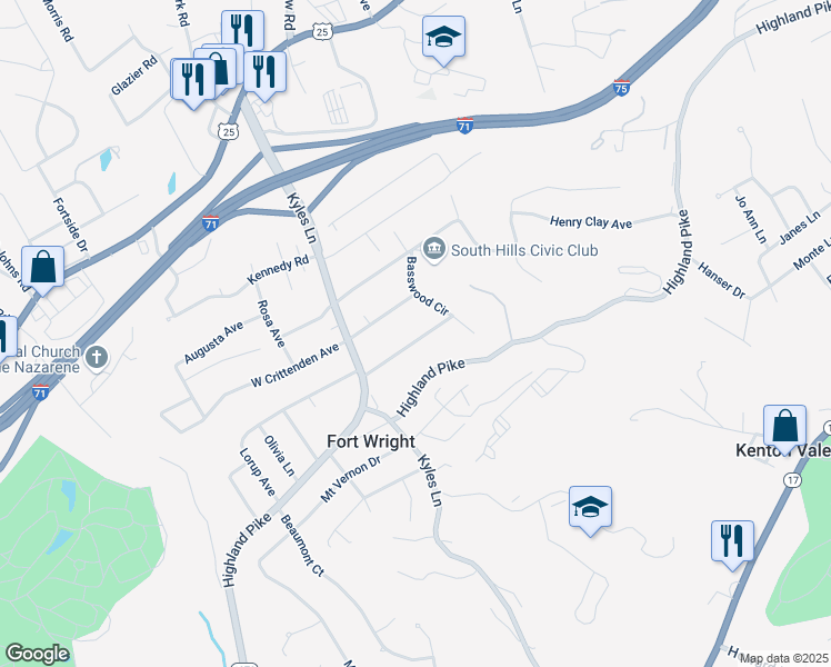 map of restaurants, bars, coffee shops, grocery stores, and more near 1624 Cumberland Avenue in Fort Wright