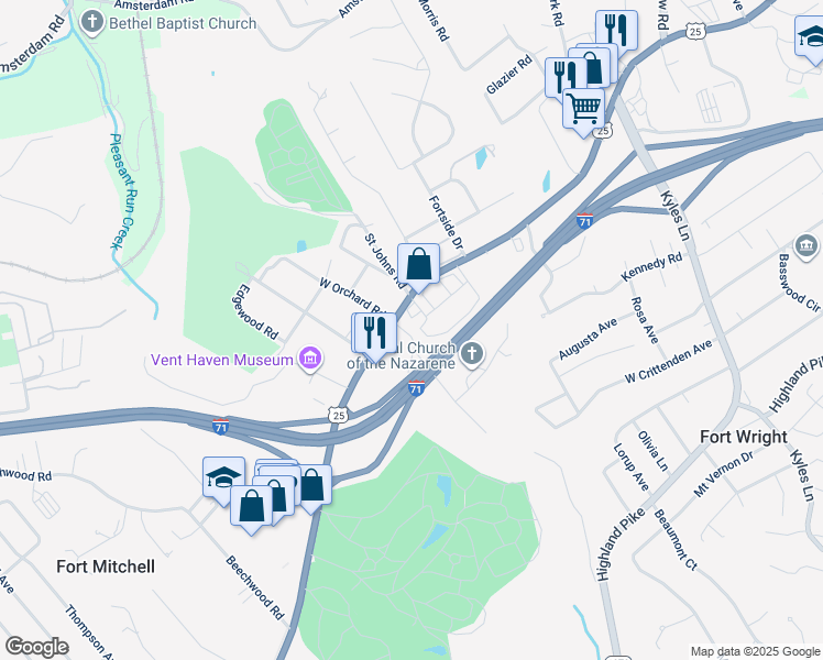 map of restaurants, bars, coffee shops, grocery stores, and more near 8 East Orchard Road in Fort Mitchell