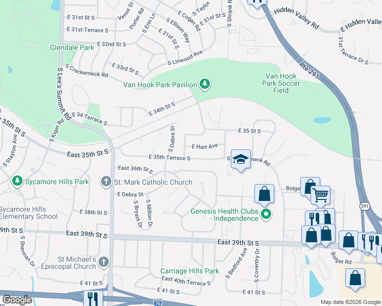 map of restaurants, bars, coffee shops, grocery stores, and more near 16917 East 35th Terrace South in Independence