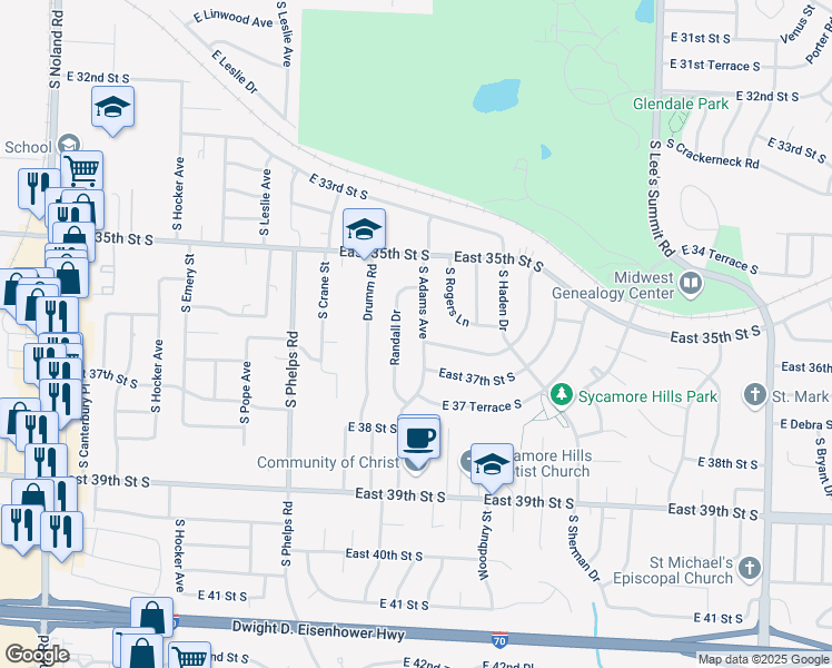 map of restaurants, bars, coffee shops, grocery stores, and more near 3606 South Adams Avenue in Independence