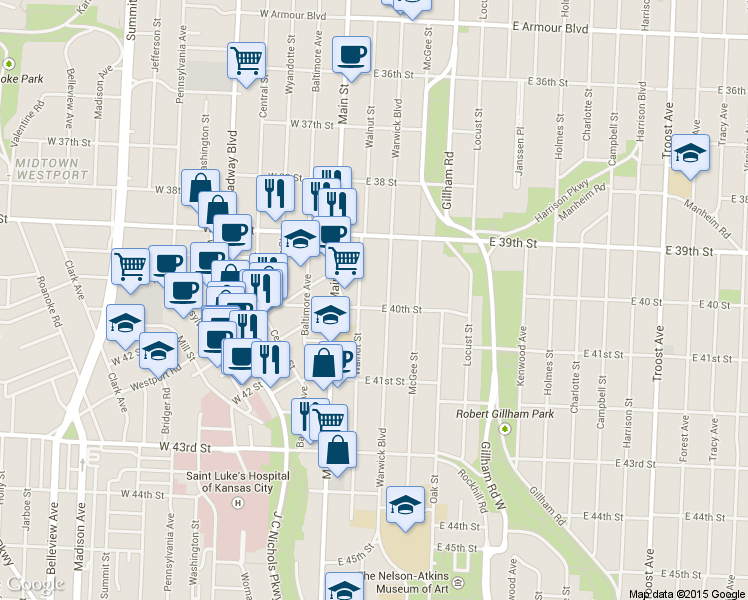 map of restaurants, bars, coffee shops, grocery stores, and more near 4000 Warwick Boulevard in Kansas City