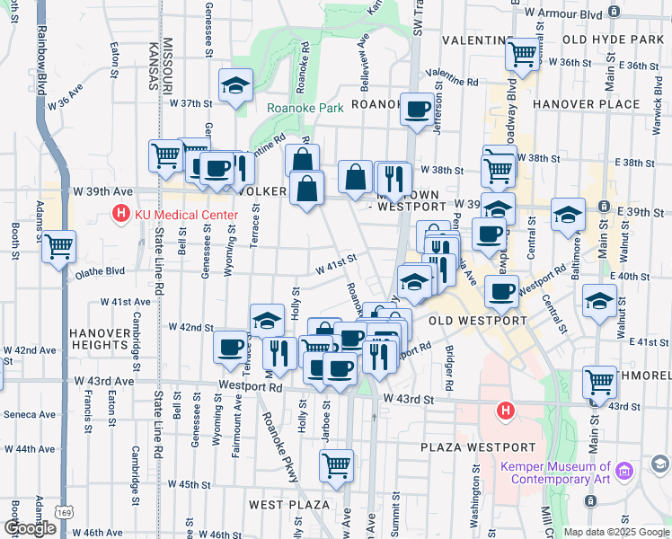 map of restaurants, bars, coffee shops, grocery stores, and more near 1110 West 41st Terrace in Kansas City