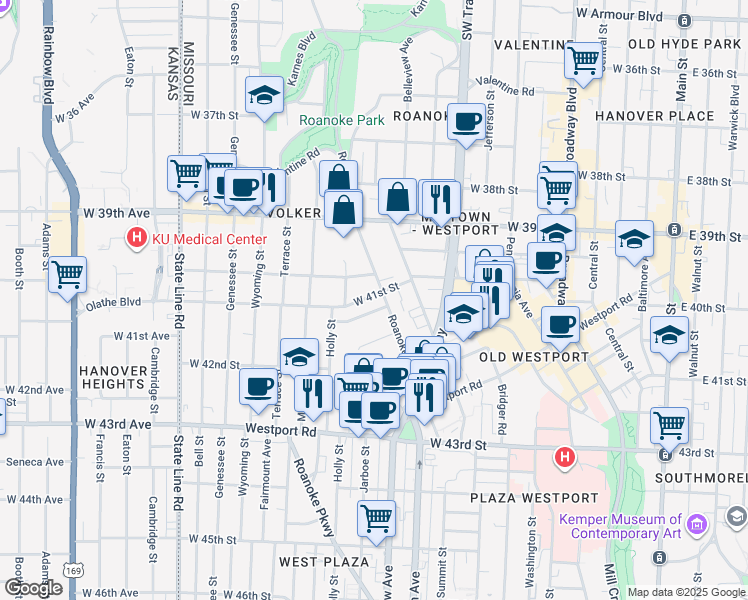 map of restaurants, bars, coffee shops, grocery stores, and more near 1110 West 41st Terrace in Kansas City