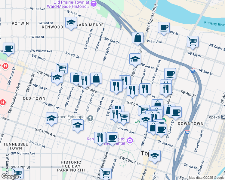map of restaurants, bars, coffee shops, grocery stores, and more near in Topeka
